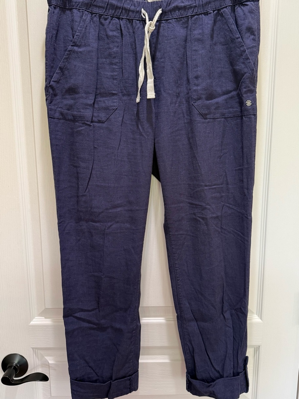 Roxy women’s On The Seashore Navy Cropped Linen Blend Drawstring Pants Size L.